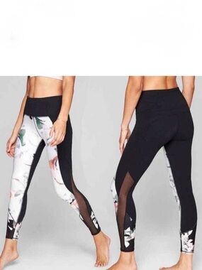 Athleta Blossom Intuition Floral Black Leggings 7/8 Tight Mesh Cutouts Small